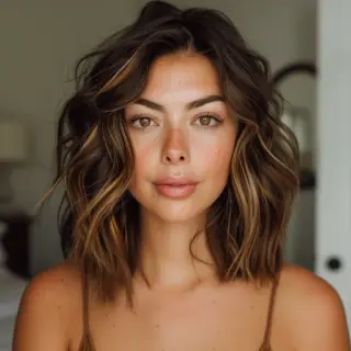 A shoulder-length cut with gentle waves is given a radiant boost with warm caramel highlights that frame the face. The highlights are strategically placed to add depth and enhance the texture, making the waves pop with extra dimension. It’s a fresh, youthful look that plays with light and shadow for an effortlessly vibrant style.