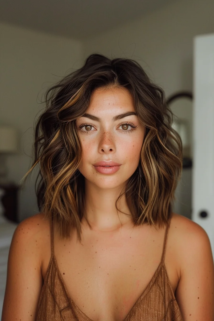 A shoulder-length cut with gentle waves is given a radiant boost with warm caramel highlights that frame the face. The highlights are strategically placed to add depth and enhance the texture, making the waves pop with extra dimension. It’s a fresh, youthful look that plays with light and shadow for an effortlessly vibrant style.