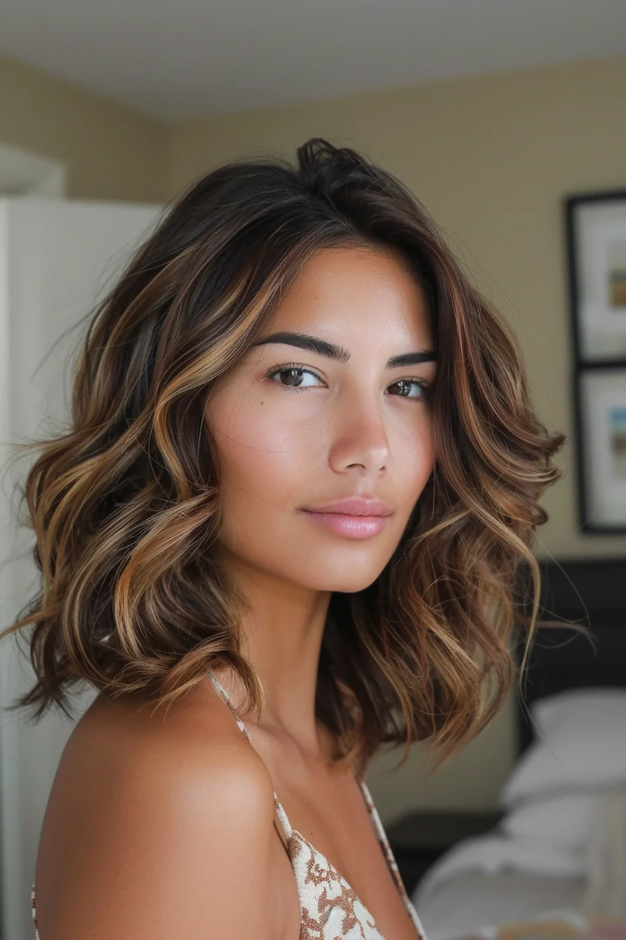 Textured waves meet a deep, rich brown base accented with caramel highlights that add a touch of brightness and dimension. The highlights are concentrated around the face, creating a halo effect that draws attention to the eyes and cheekbones. This style blends the perfect amount of warmth and depth, giving the hair a sun-kissed, beachy vibe.