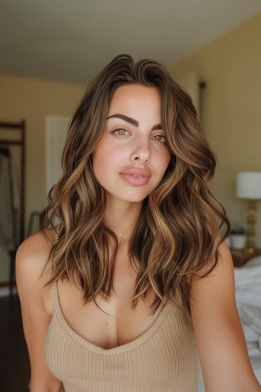 Soft waves cascade effortlessly in this medium-length cut, where subtle caramel highlights blend into the warm brown base. The highlights are thoughtfully placed to create a naturally sun-kissed effect, adding lightness and movement. This combination offers a relaxed, yet polished look perfect for any occasion.
