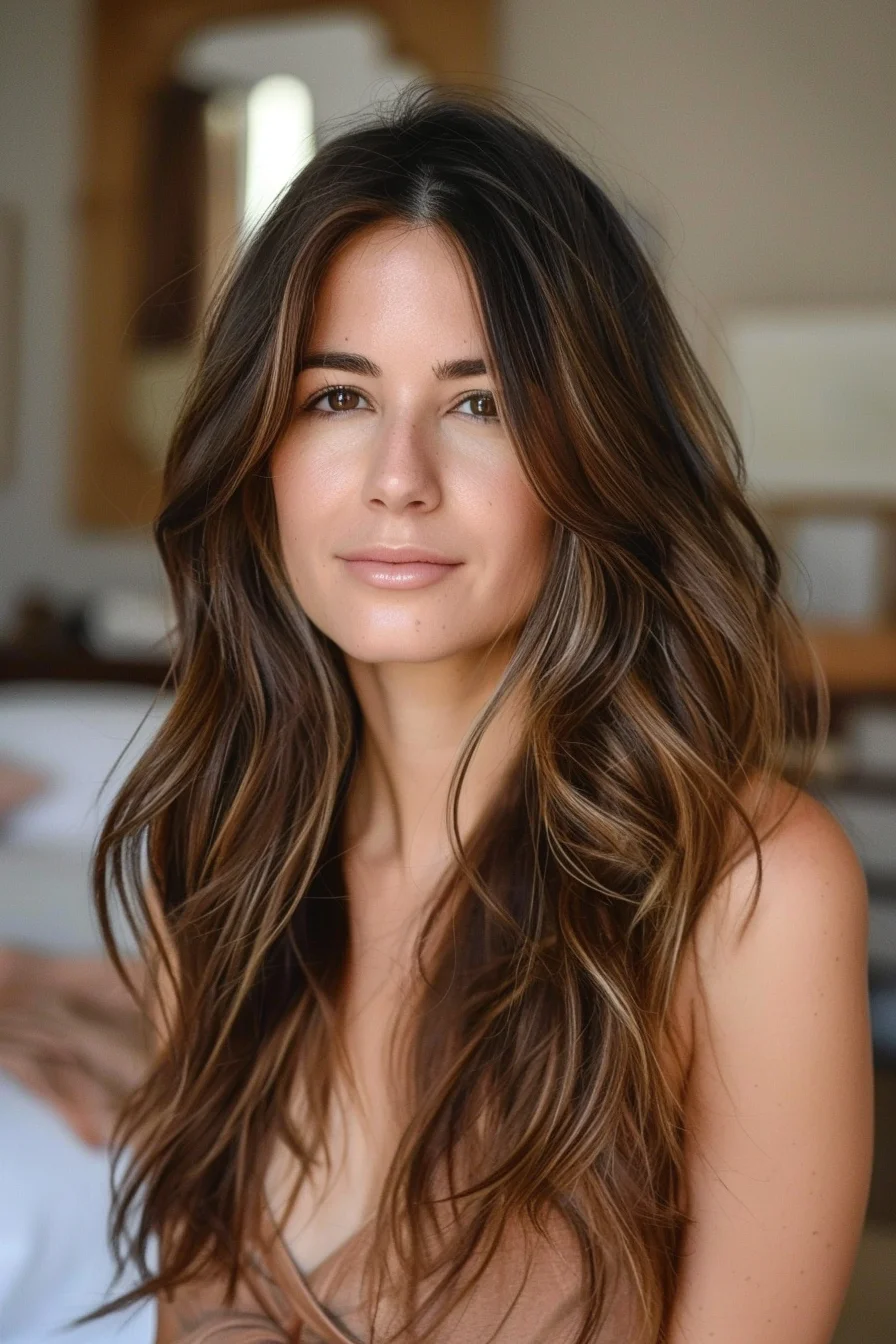 Long layers flow beautifully, enhanced by delicate caramel highlights that add depth and dimension to the rich brown tones. These highlights are woven in to give a natural, seamless look that amplifies the hair’s volume and texture. The loose, voluminous waves provide a touch of effortless glamour that’s easy to wear.
