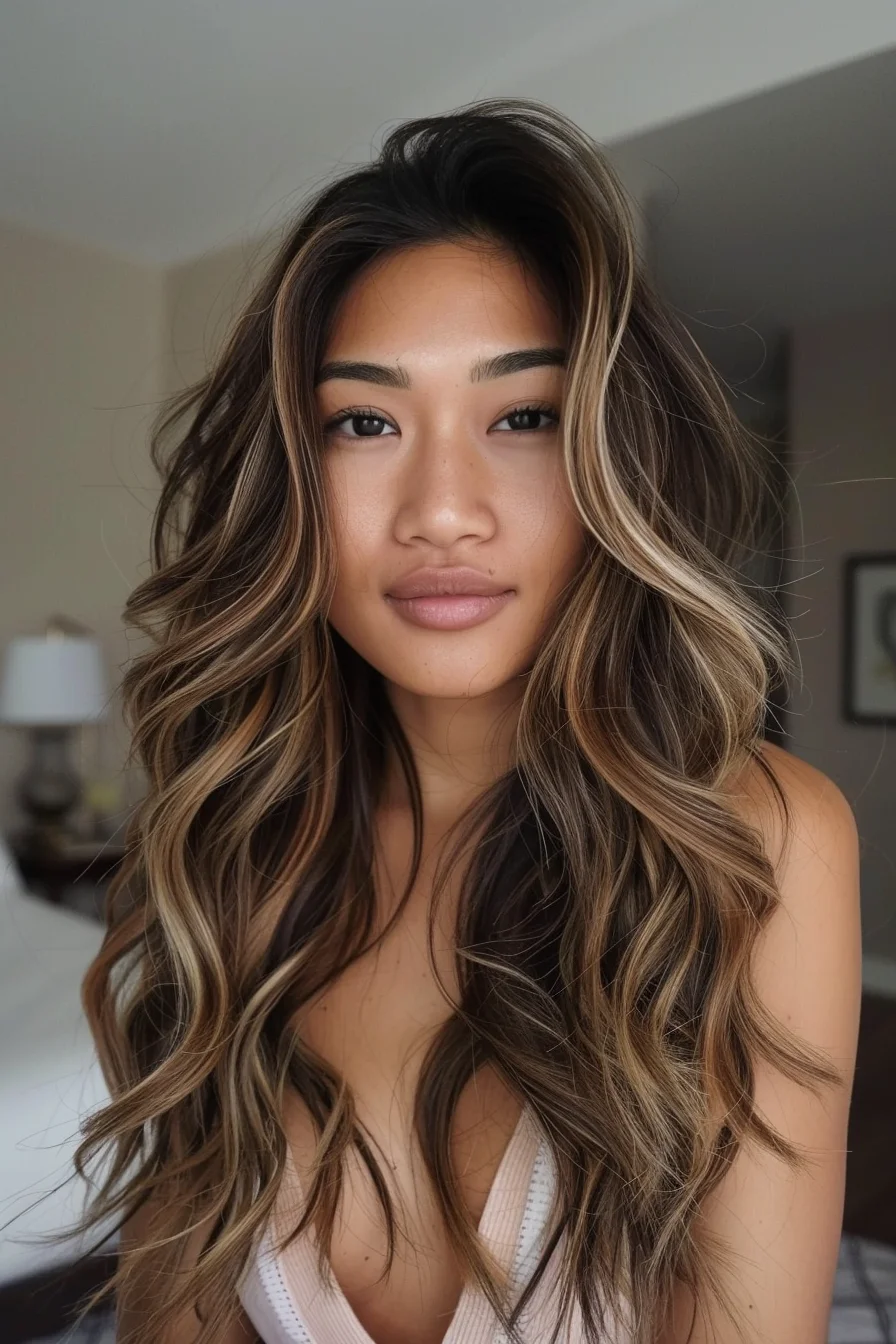 Thick, voluminous curls are given a fresh update with bold caramel highlights that contrast beautifully against a dark brown base. The highlights are strategically placed around the face, creating a brightening effect that brings out the complexion. This look is all about dynamic texture and playful color contrasts.