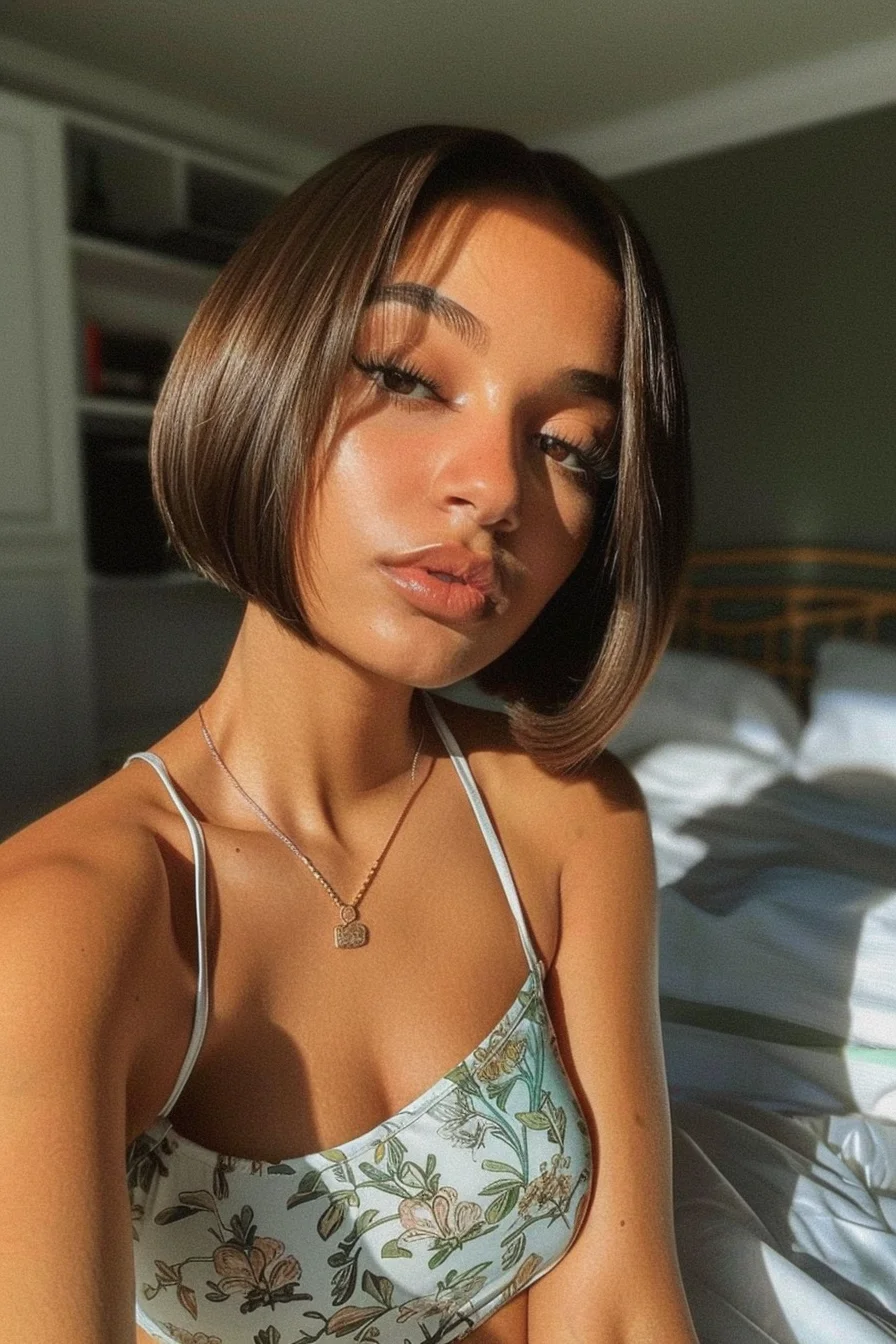 Playful and flirty, this short bob features a slightly graduated cut that's shorter at the back and longer towards the face. The hair's warm brown tones are accentuated by subtle caramel highlights, adding depth and dimension. Styled with a deep side part and soft waves, this cut frames the face beautifully and offers versatility for various styling options. It's a perfect balance of sophistication and youthful charm.