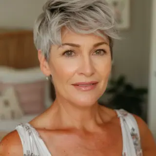 A beautifully executed short cut that maximizes natural texture and volume through the crown. Longer layers sweep forward into a piece-y fringe, while shorter, texturized sections throughout create lift and movement. Rich silver tones are enhanced with subtle variations of grey and platinum, adding depth and dimension.