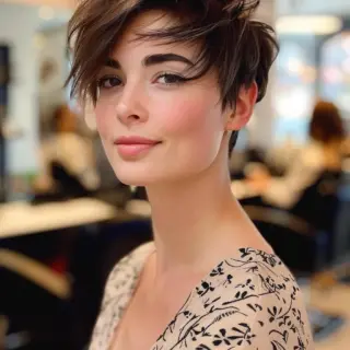 Choppy layers give this pixie cut a flirty, edgy look that’s full of personality. The dark brunette base contrasts beautifully with the lighter tips, adding depth and visual interest. The textured top and slightly longer front pieces make it easy to style with a bit of extra volume or sleekness.