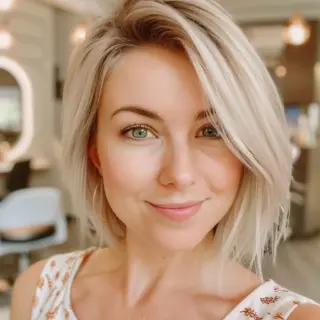 Medium-length asymmetrical bob styled with a deep side part showcases dimensional platinum blonde coloring. Longer layers frame one side while the opposite remains shorter, creating dramatic contrast. Gentle waves add soft movement throughout, while subtle root shadowing lends depth and modern appeal to bright blonde hues.