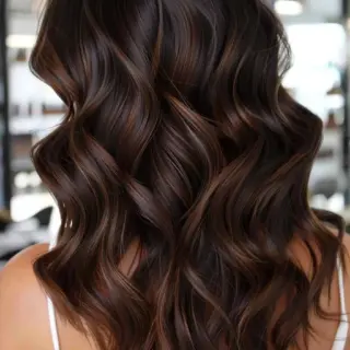 Glossy waves showcase a mesmerizing gradient of deep chocolate tones enhanced by subtle caramel accents. Long layers allow natural movement while maintaining fullness and shine. Delicate strands of light weave through darker sections, creating an enchanting play of warm and cool browns that catch every ray of light.