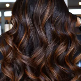 Soft, cascading waves paired with rich brown sugar highlights create a luxurious, dimensional look on dark hair. The warm caramel tones subtly weave through the darker base, giving the overall style a sun-kissed, bronzed glow.