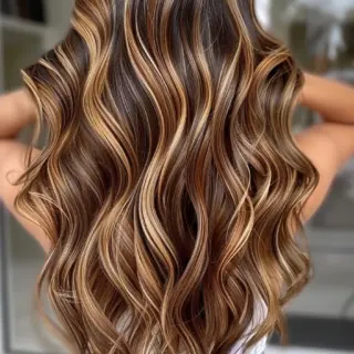 Mesmerizing waves flow with remarkable dimension, featuring bold caramel ribbons dancing through deep chocolate brown base color. Long layers are beautifully enhanced by precise highlight placement, creating a stunning waterfall effect of warm and cool tones. Each wave catches light differently, showcasing the masterful blend of golden caramel streaks against rich brunette depths.