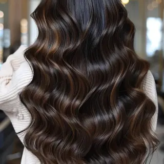 Luxurious waves cascade down in a stunning display of dark brunette base color accented with caramel-toned highlights. Each wave pattern shows off the intricate color work, where deeper browns meet lighter pieces in a gorgeous harmony. Long layers add volume and body, while the wave pattern remains consistent from root to tip.