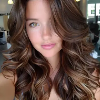 Flowing waves display an enchanting mix of rich chocolate brown base color illuminated by delicate ribbons of caramel highlights. Long layers create natural movement while precise color placement adds incredible dimension. The highlights start subtle at the crown and gradually become more pronounced through the mid-lengths and ends, creating a gorgeous gradient effect that looks completely natural.