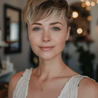 Bright blonde pixie featuring a dramatic side sweep and textured crown layers that add height and volume. Shorter sides gradually blend into longer top sections, creating beautiful movement and dimension. Back sections are closely cropped while maintaining soft edges. Light catching platinum tones throughout make styling quick and easy - just add texturizing product and go.