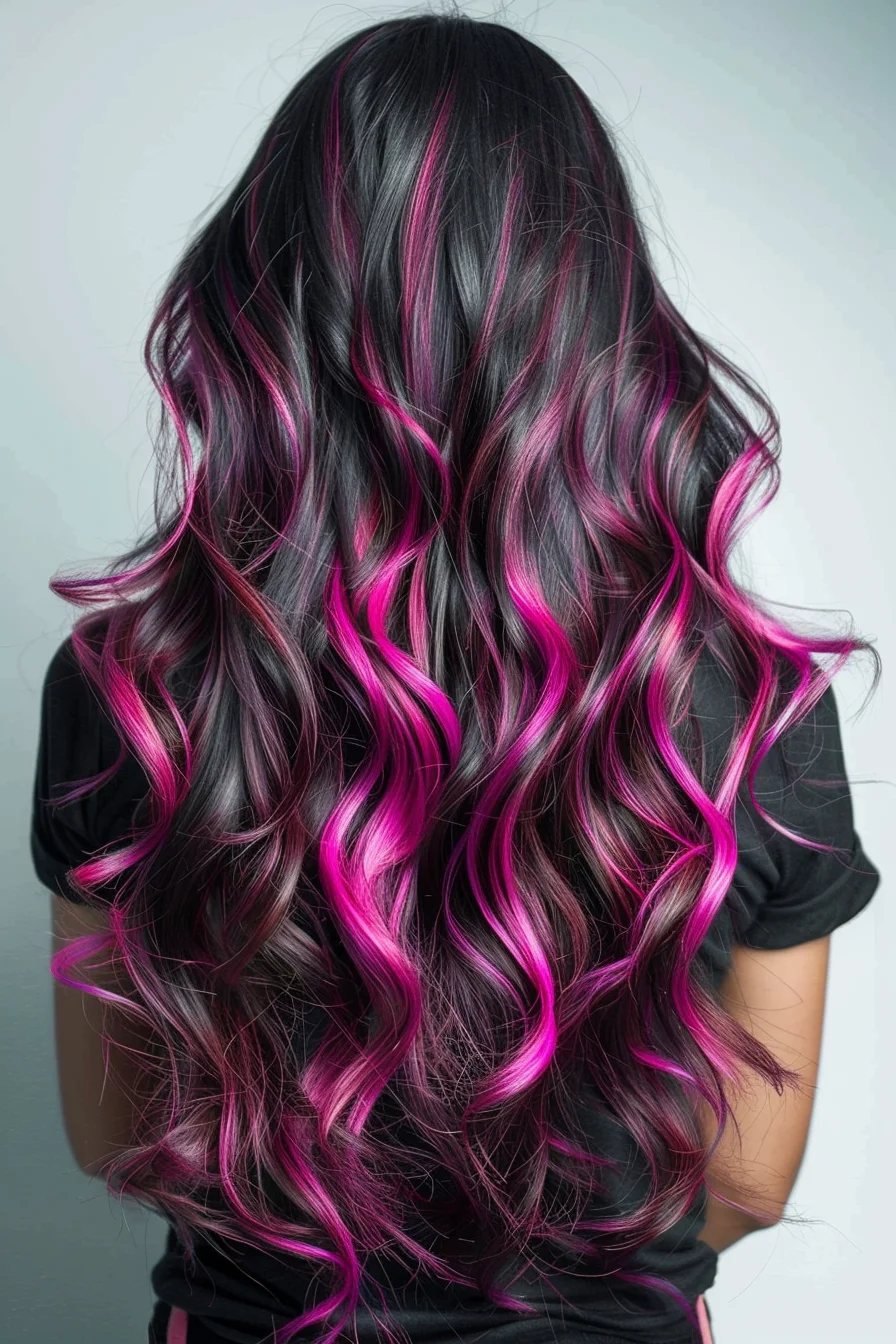 Dramatic black base color blends seamlessly into vibrant magenta pink highlights throughout long, wavy hair. Strategically painted sections create mesmerizing dimension, with pink streaks becoming more pronounced toward the ends. Natural-looking waves showcase the multi-tonal effect, while darker roots transition smoothly into bright pops of pink. Rich depth comes from the interplay between deep black and electric pink hues.