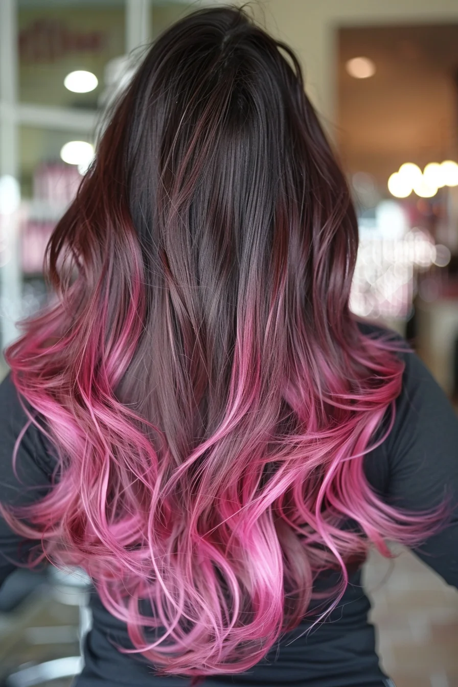 Long layered cut showcases a seamless transition from dark brown roots to pale pink ends. Waves highlight the gradual color melt, with pink becoming more pronounced through the mid-lengths. Multiple layers create beautiful movement while showing off the dimensional pink tones.