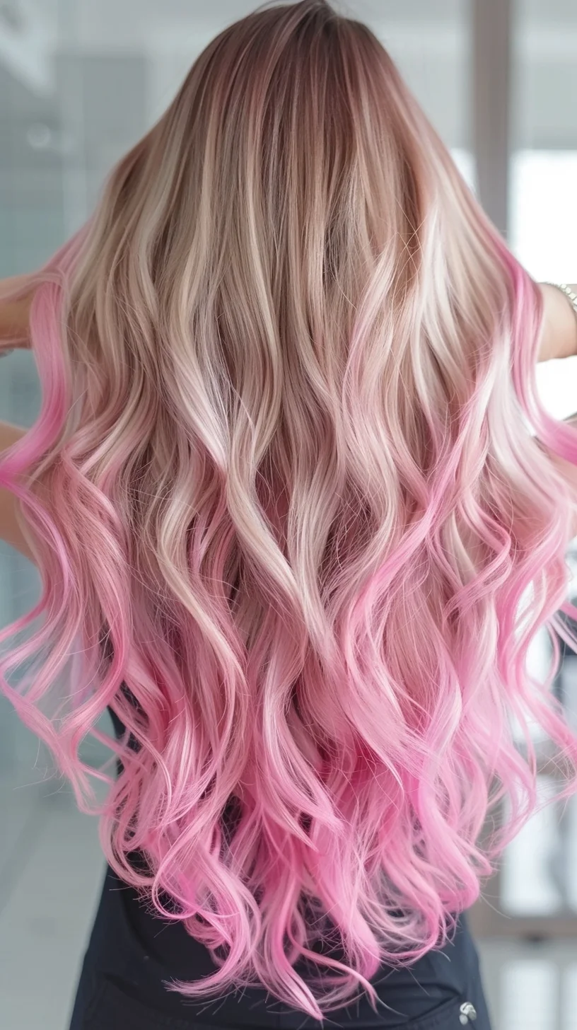 Luminous platinum blonde hair flows into a dreamy pink ombré, with waves cascading past shoulder length. Pink tones start subtly near the crown and intensify toward the ends, creating a beautiful gradient effect. Soft waves emphasize how the colors blend from light blonde to cotton candy pink.