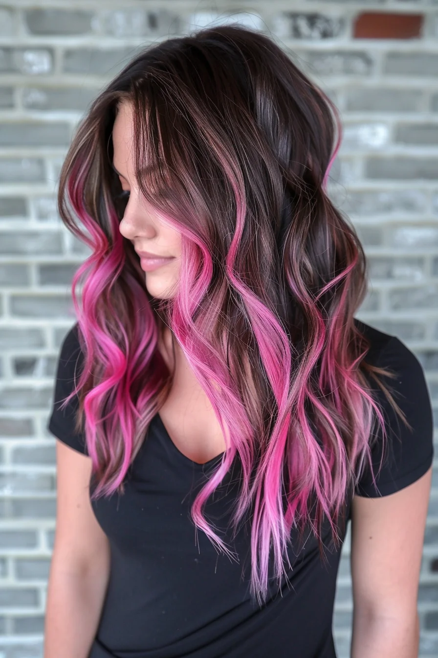 Long layers showcase a rich brunette base with vibrant pink highlights weaving throughout. Waves add movement while highlighting the multi-dimensional color blend. Pink sections become more pronounced from mid-length to ends, creating stunning contrast against darker roots.