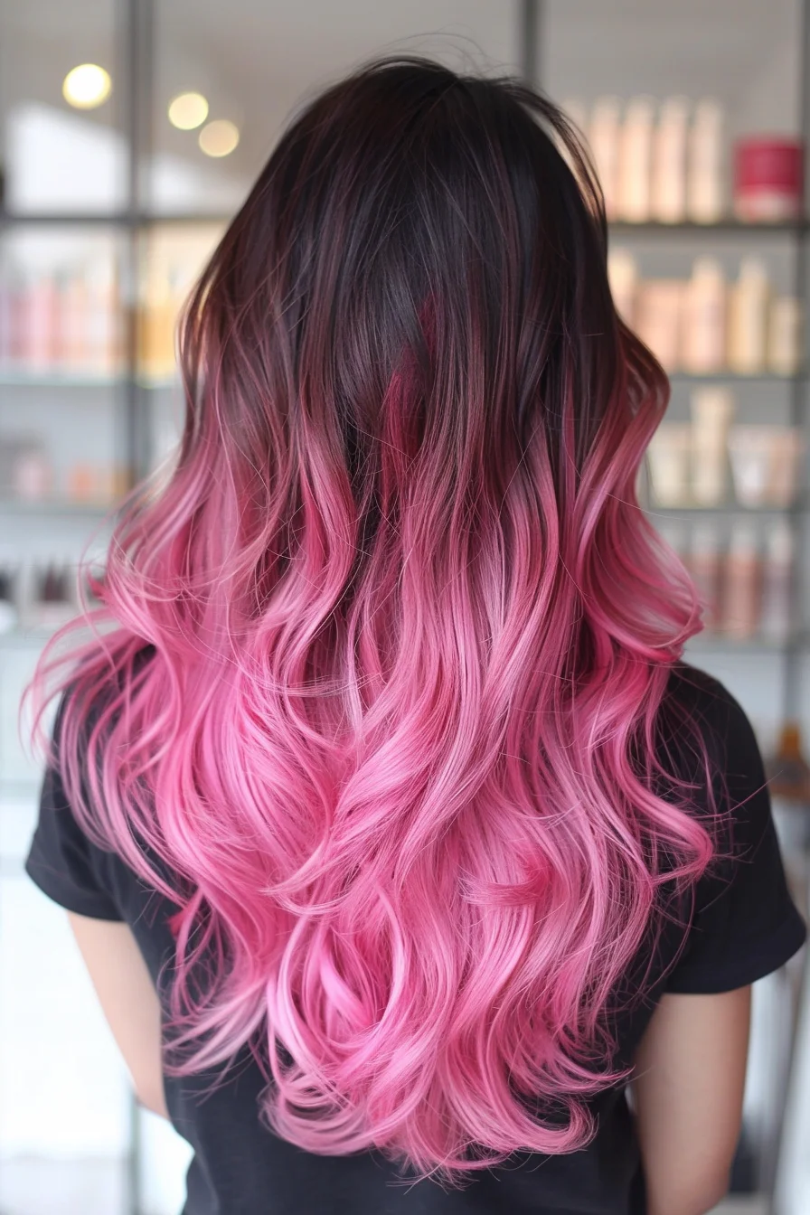 Waist-length hair features a dramatic dark-to-pink transformation, with black roots melting into bright magenta ends. Waves throughout display the seamless color transition, while layers add depth and dimension to the overall look.