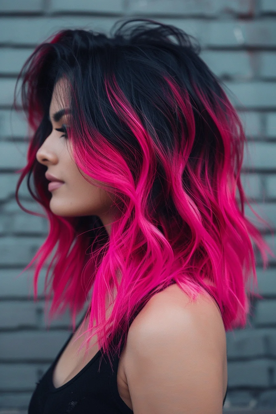 Medium length cut combines sharp angles with bold color, as jet black roots blend into electric pink ends. Wavy texture brings out the vivid contrast between dark and bright shades. Layers create movement while showing off the dramatic color combination.
