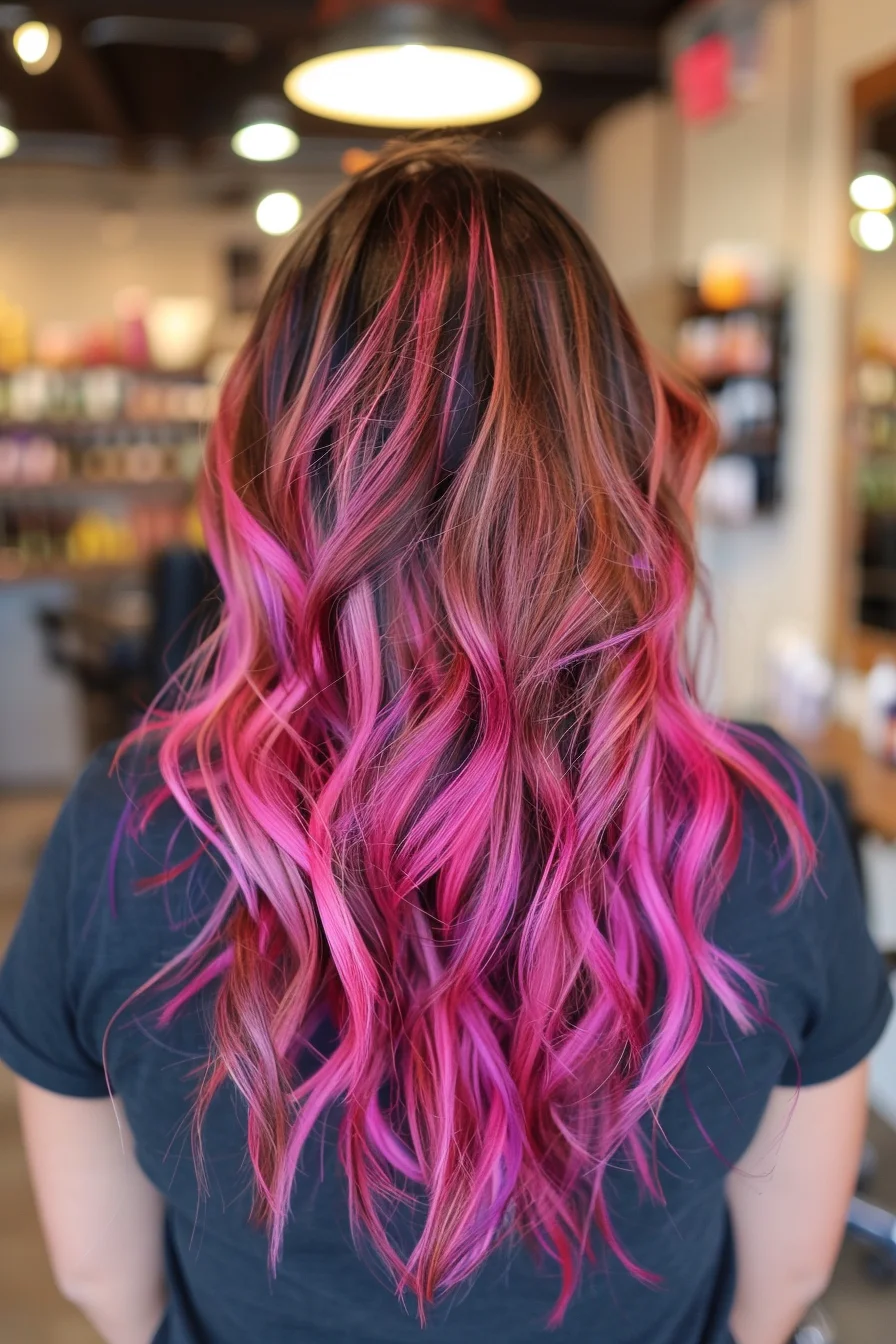 Long waves display a stunning mix of warm brown and magenta pink tones. Multiple shades of pink weave through the dark base, creating beautiful dimension. Color intensifies through the lengths, with brightest pink pieces concentrated toward the bottom.