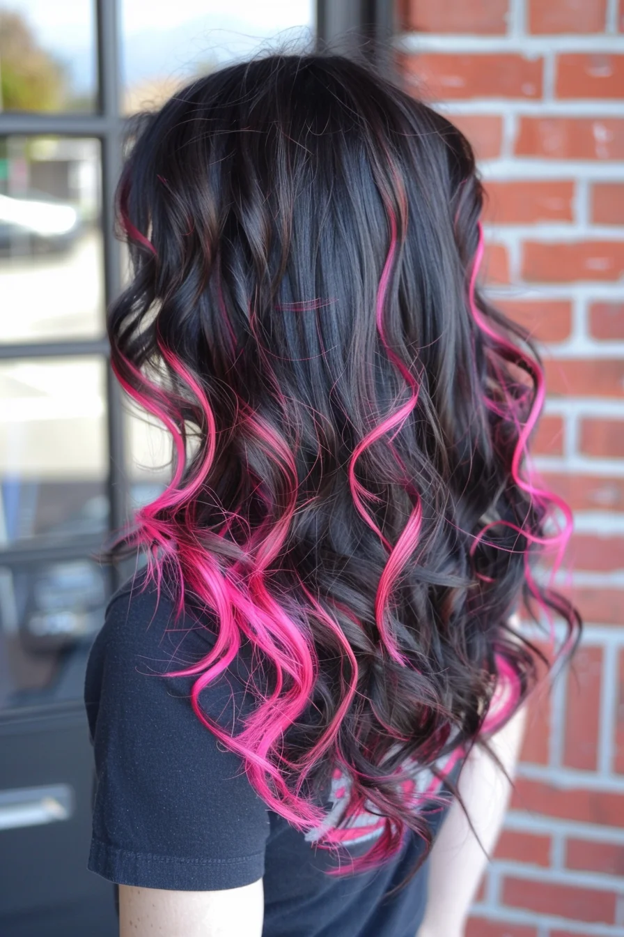 Long, flowing waves showcase a rich dark base with vibrant magenta pieces woven throughout. Each pink highlight creates stunning contrast, starting subtly at the crown and intensifying toward the ends. Natural waves allow the colors to blend seamlessly.