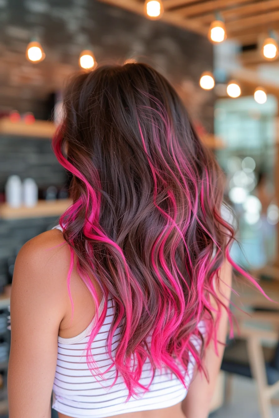Waist-length hair features a dramatic blend of deep brown melting into bright pink sections. Soft waves highlight how the pink tones become more pronounced through the lengths, while layers add beautiful movement to the overall look.