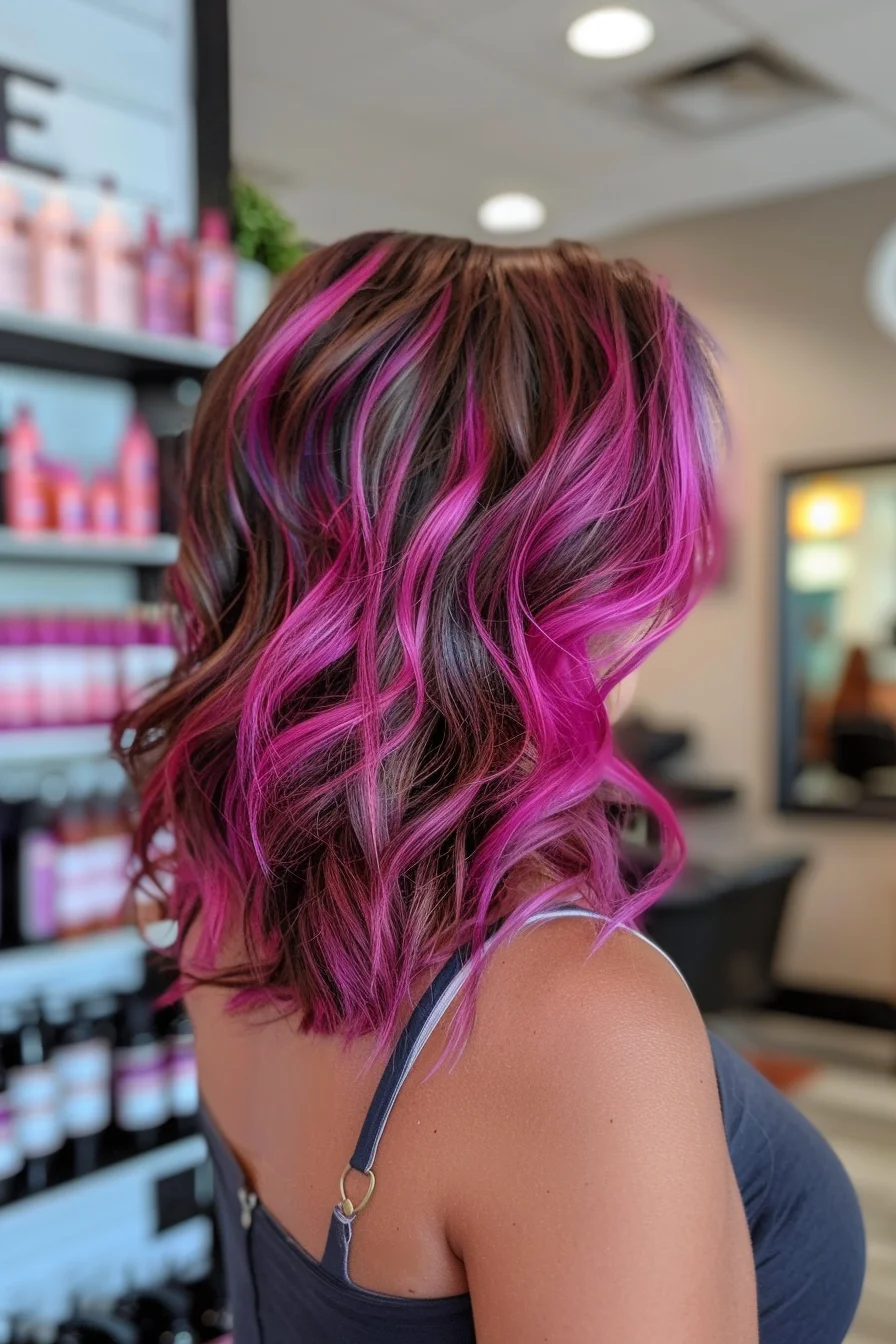 Shoulder-length cut combines warm brown roots with bold pink accents that pop against the darker base. Waves show off the dimensional color work, as pink pieces weave through from mid-lengths to ends, creating eye-catching contrast.