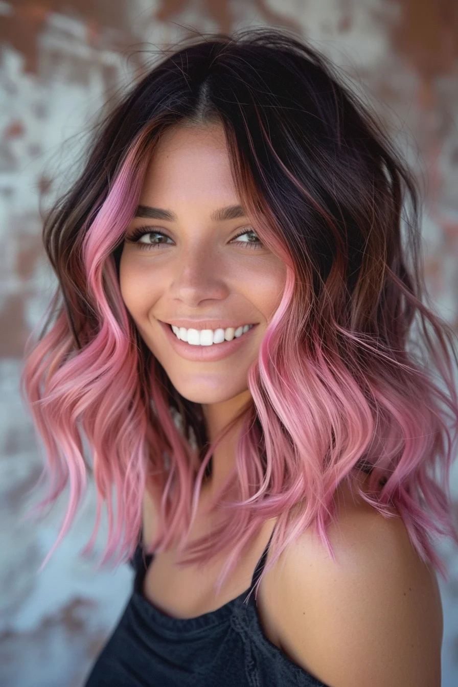 Medium-length waves display a gorgeous transition from dark roots to rose pink ends. Color gradually lightens through the lengths, with face-framing pieces adding brightness around the front. Waves emphasize the multi-tonal effect.