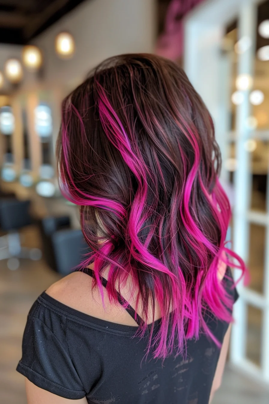 Modern mid-length cut features deep brown base with magenta highlights creating beautiful dimension. Pink pieces start at the root and intensify through the waves, showing off the creative color placement and blend between shades.
