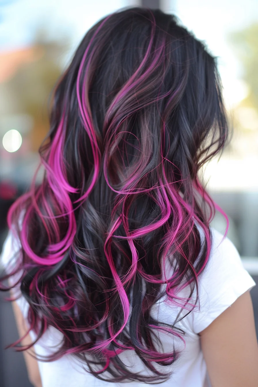 Flowing long waves display a striking blend of jet black roots melting into vibrant magenta pieces. Pink highlights weave organically through the dark base, creating beautiful movement as they catch the light. Each wave shows off the dimensional color work.