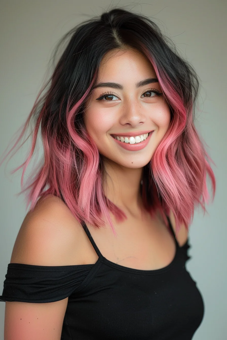 Medium-length waves feature a stunning dark-to-pink ombré effect. Natural-looking texture allows the colors to blend seamlessly, while face-framing sections brighten the overall look. Pink tones become more intense through the lengths.