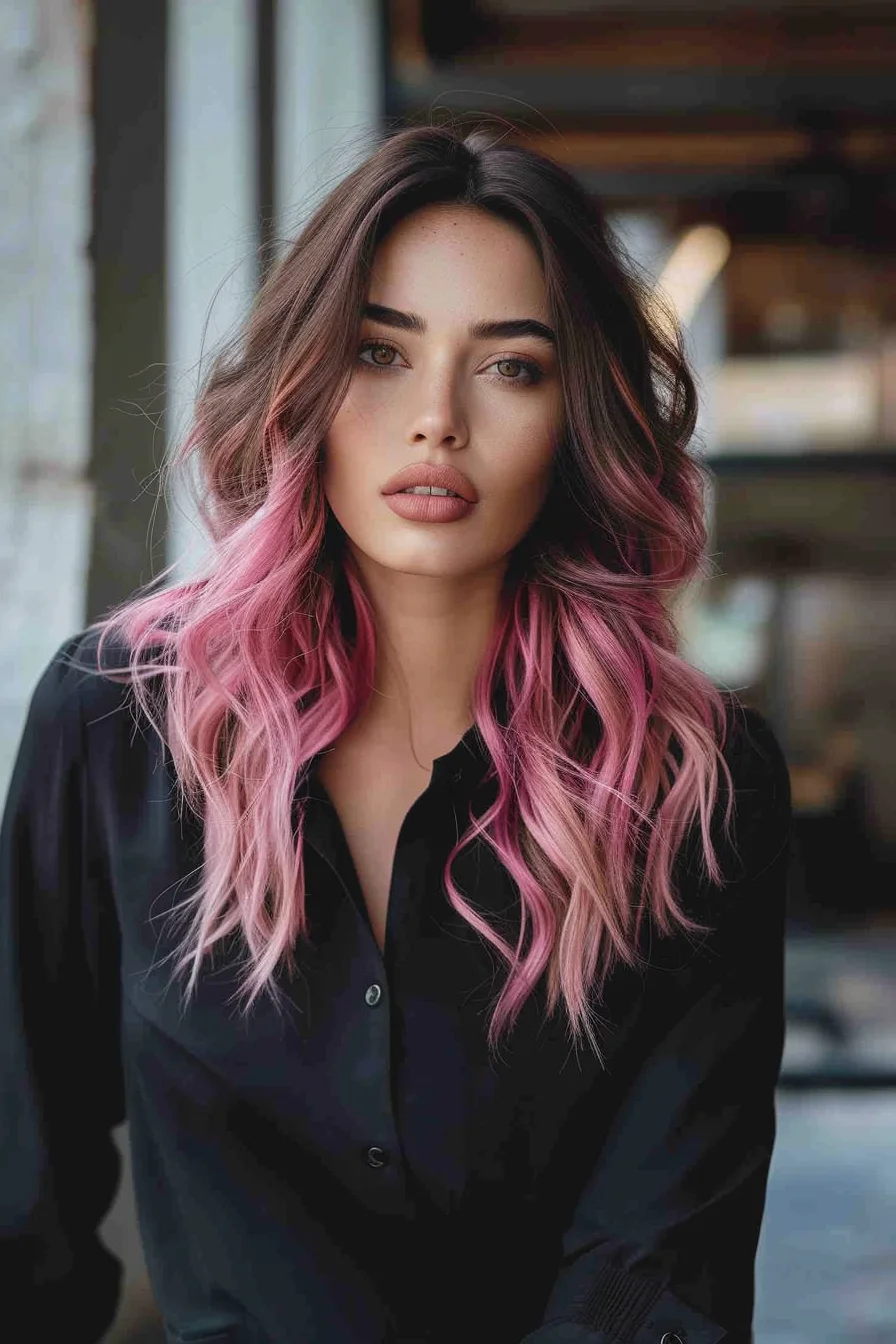 Long layered cut showcases rich brown roots smoothly transitioning to rosy pink ends. Soft waves highlight the multi-dimensional color blend, while layers create movement throughout. Face-framing pieces add brightness around the features.