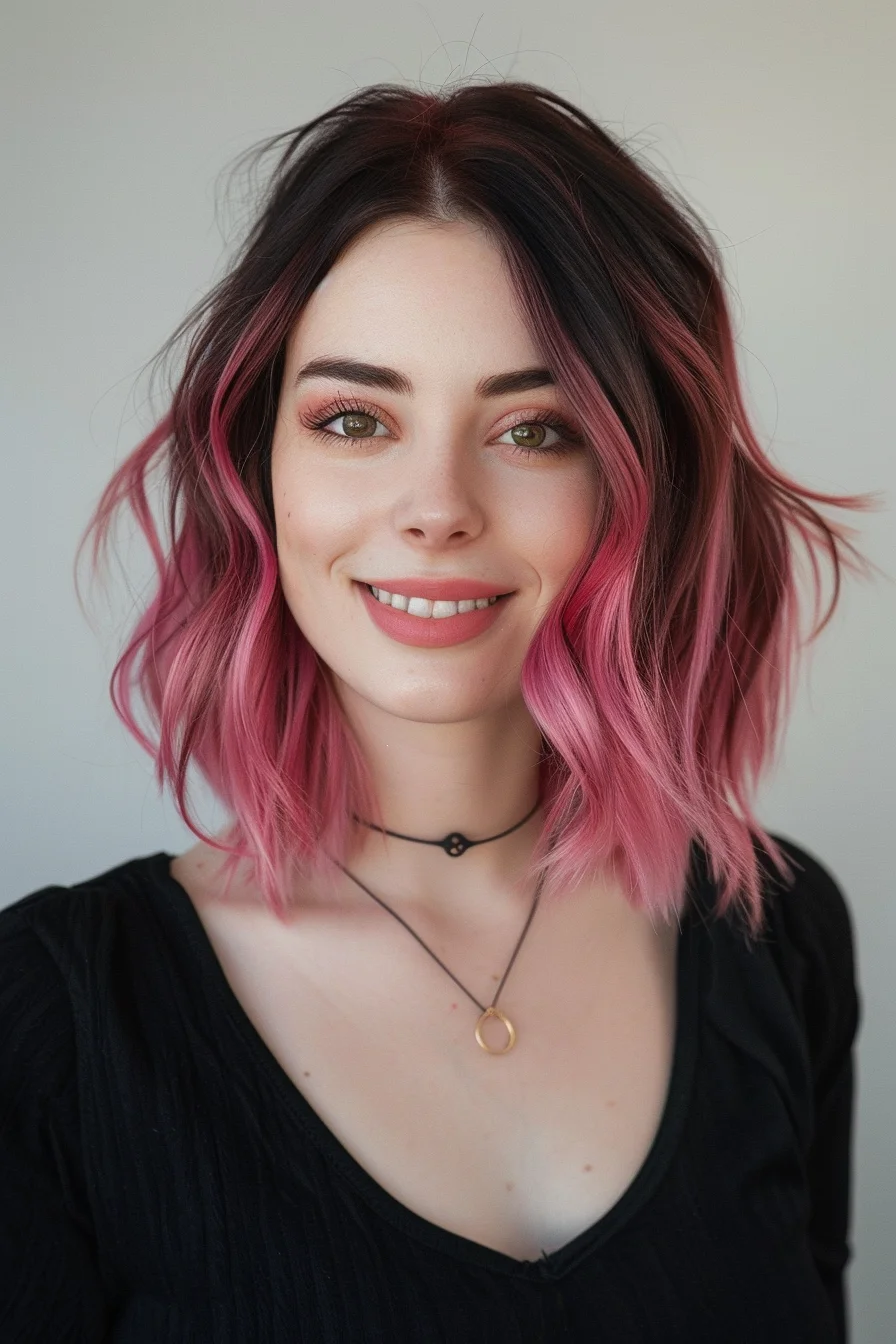 Chin-length bob cut displays a gorgeous blend of dark roots and pink ends. Waves add texture while showing off how the colors melt together. Short layers create volume and movement, letting pink pieces peek through at every angle.