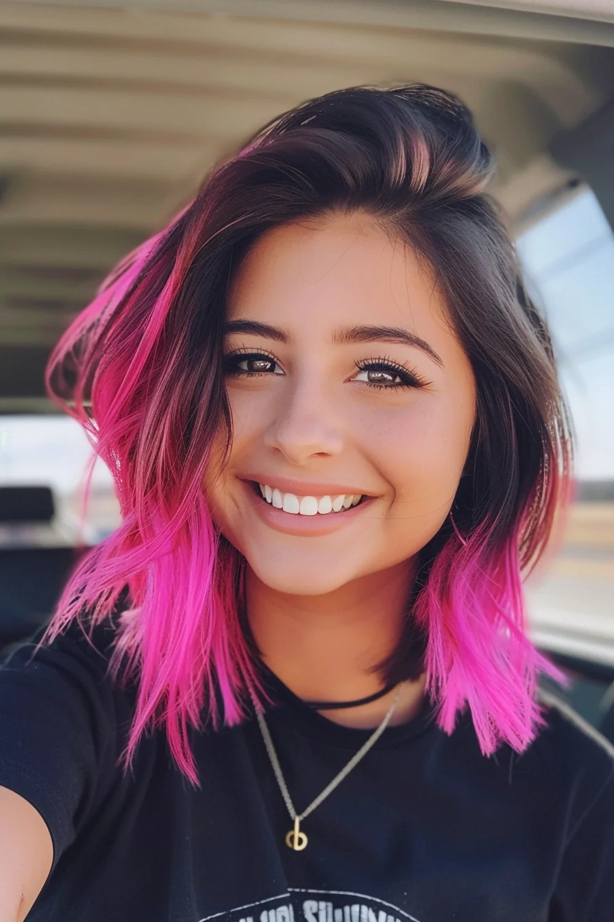 Shoulder-grazing cut features dark roots blending into vivid magenta ends. Waves add playful texture while highlighting how the pink brightens toward the tips. Layered pieces create beautiful movement and show off the multi-dimensional color effect.