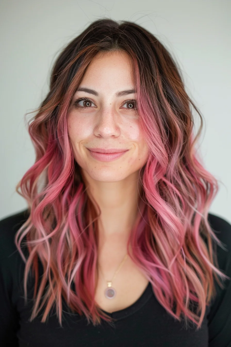 Long waves showcase a smooth transition from deep brown to rose pink shades. Color gradually intensifies through the lengths, while soft layers allow the pink tones to peek through naturally. Face-framing sections emphasize the color melt.