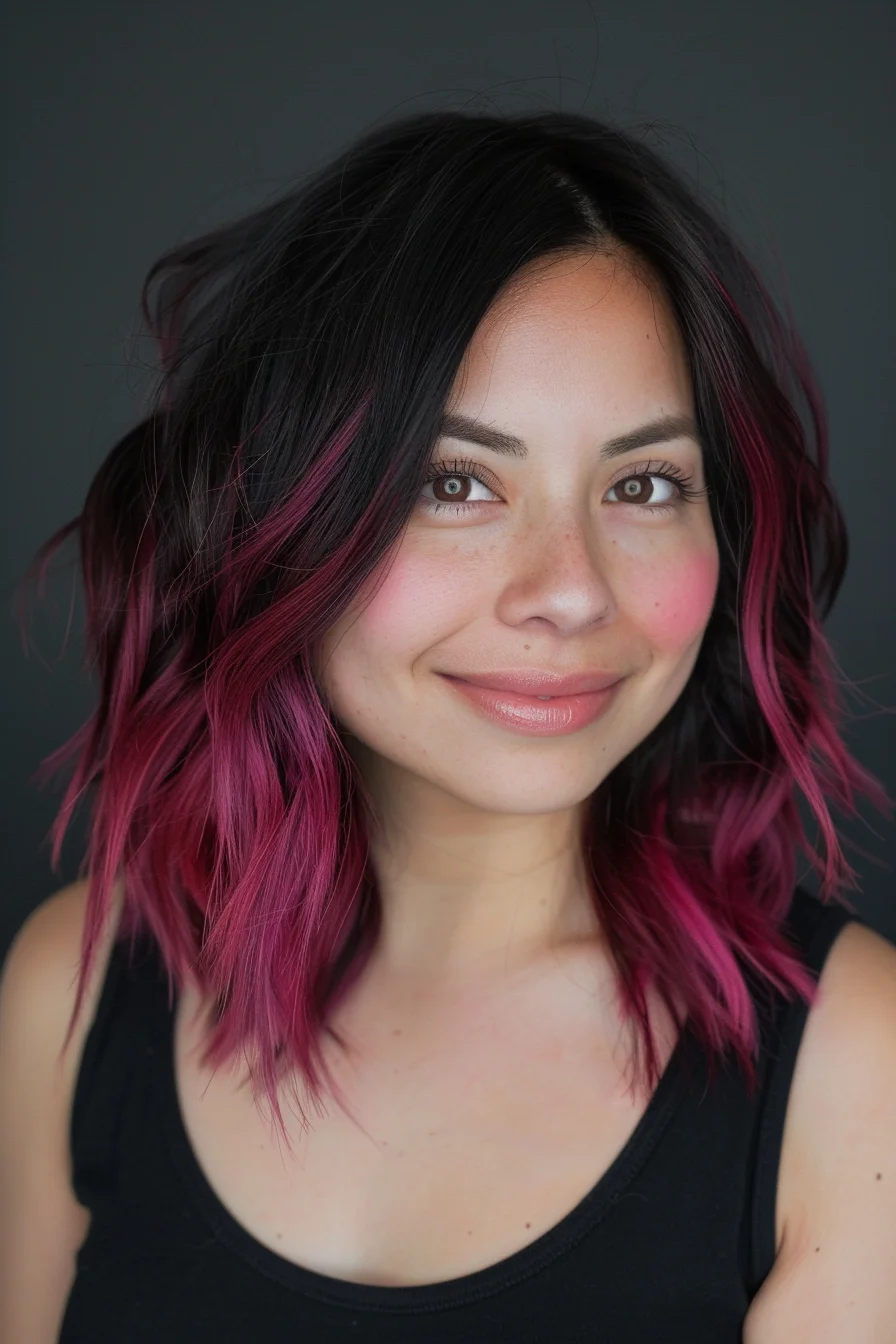 Collarbone-length cut combines dark roots with bright pink pieces woven throughout. Gentle waves bring out the dimensional effect as colors blend from top to bottom. Each layer reveals more of the vibrant pink shade.