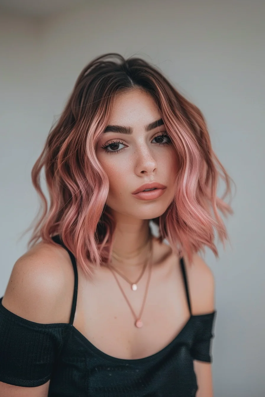 Modern medium-length style pairs dark roots with a rosy pink gradient. Waves enhance the natural-looking color transition, while shorter layers add volume and texture. Pink tones become more pronounced through the ends.
