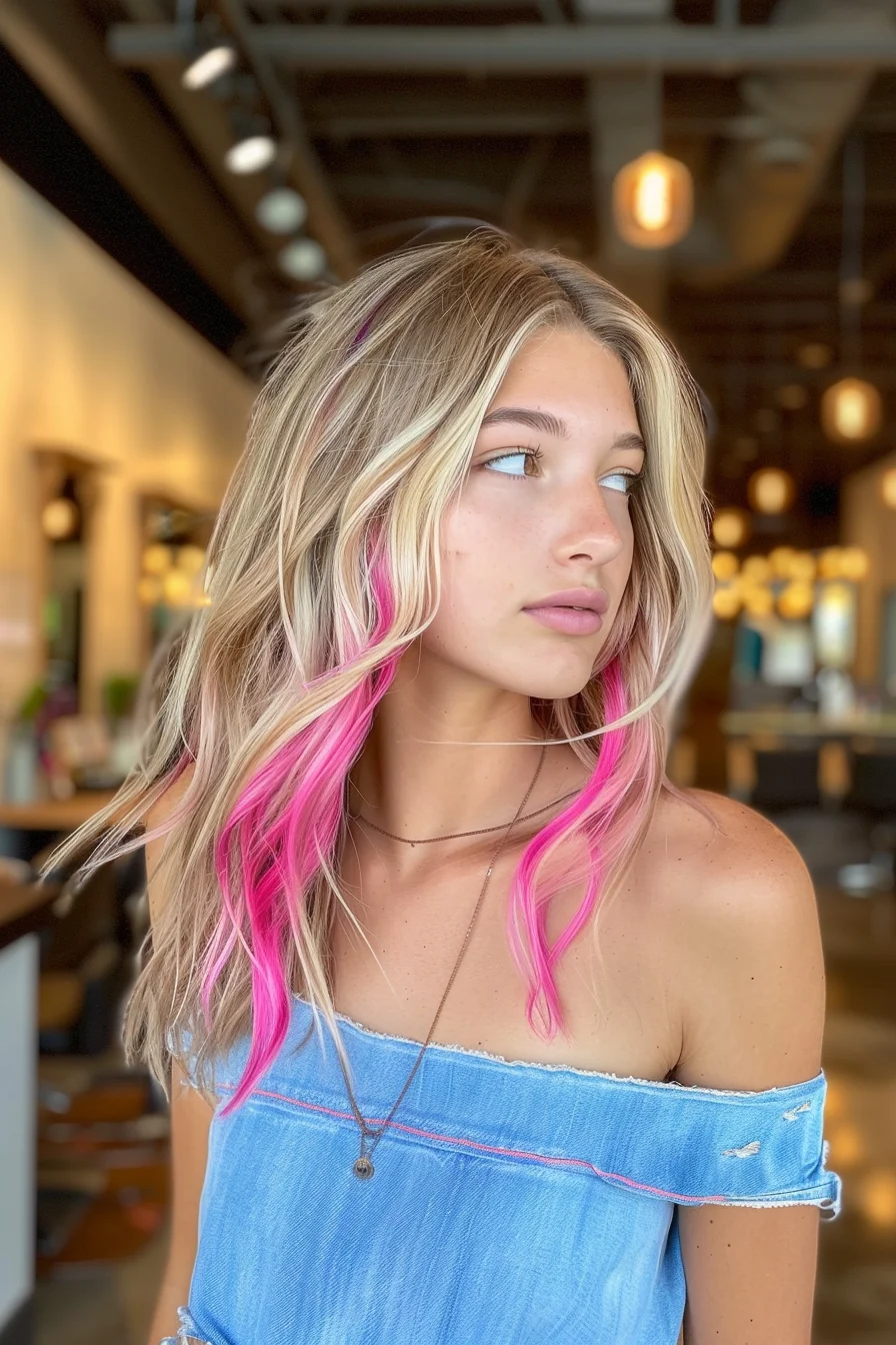 Blonde hair enhanced with striking hot pink accent pieces woven throughout flowing waves. Bright pink highlights stand out brilliantly against light blonde base, creating bold dimension. Natural-looking waves allow pink sections to peek through organically. Root area stays predominantly blonde while pink pieces become more prominent through mid-lengths and ends, achieving balanced distribution of color.