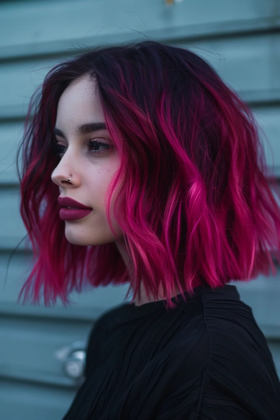 Blunt bob cut displays intense black roots melting into electric magenta ends. Textured waves emphasize the bold color contrast, while choppy layers create edgy movement. Pink shade becomes most vivid through the ends and face-framing pieces.