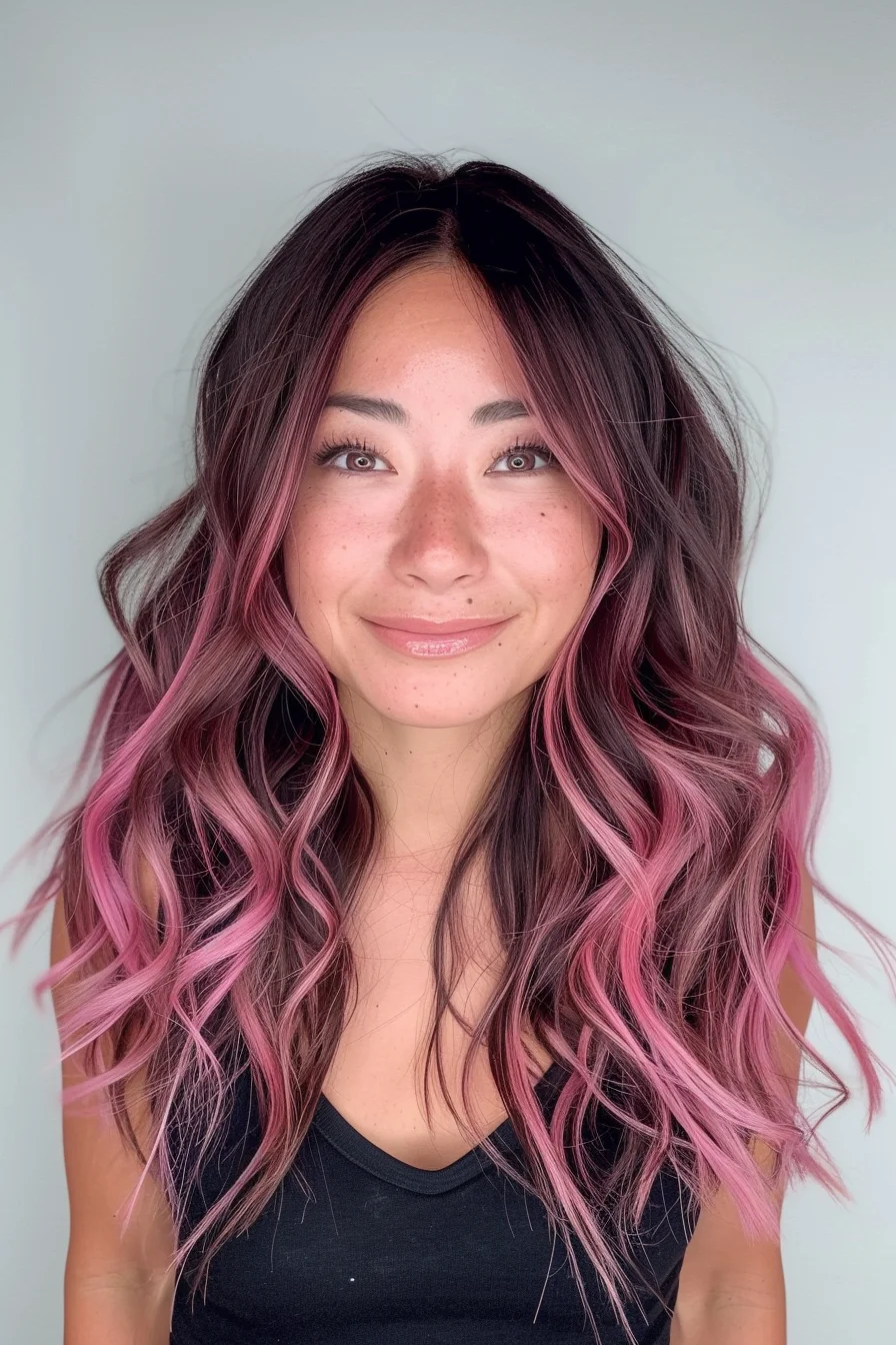 Dark hair transformed with rose pink balayage highlights that brighten progressively toward the ends. Soft waves showcase the seamless blend between natural dark base and rosy pink accents. Color placement creates beautiful dimension while maintaining depth at the roots. Pink tones appear subtle near the top and intensify through the lengths, resulting in gorgeous multi-dimensional effect.