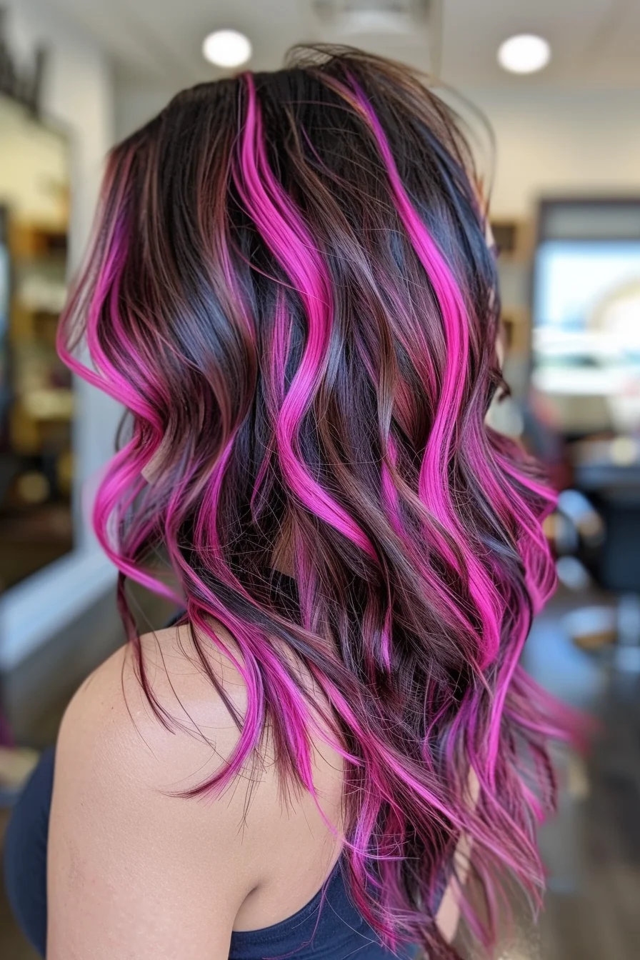 Rich brown base color features vivid magenta highlights painted in vertical sections from roots to ends. Wavy texture allows pink pieces to create striking ribbons of color throughout. Highlights are concentrated enough to make a bold statement while still letting the dark base show through. Color placement produces amazing contrast and movement through the waves.