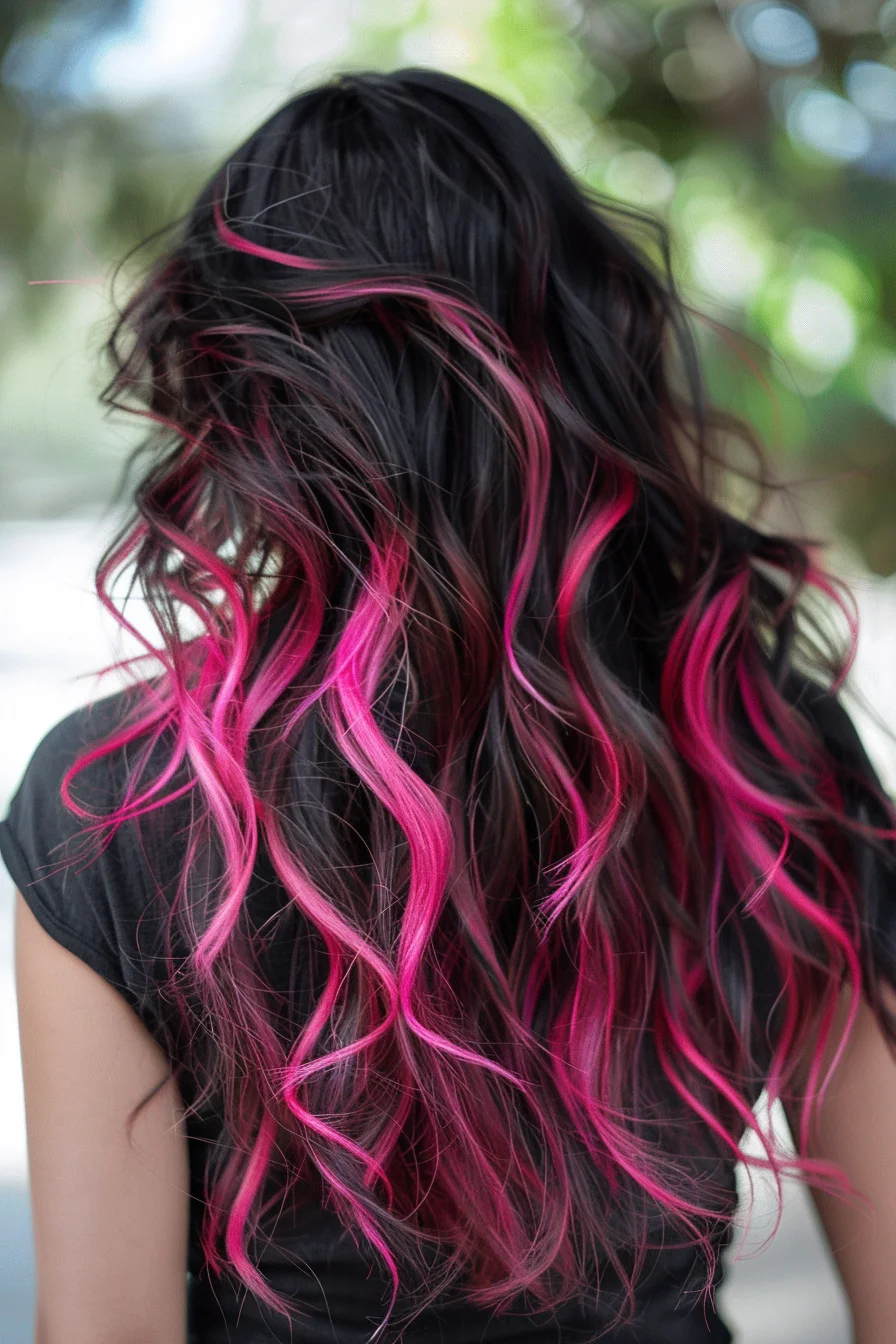 Long, flowing waves showcase a dramatic blend of jet black roots transitioning into vibrant magenta pink sections. Each pink highlight creates beautiful contrast against the dark base, with the color becoming more intense through the mid-lengths and ends. Natural-looking waves allow the colors to meld seamlessly together.