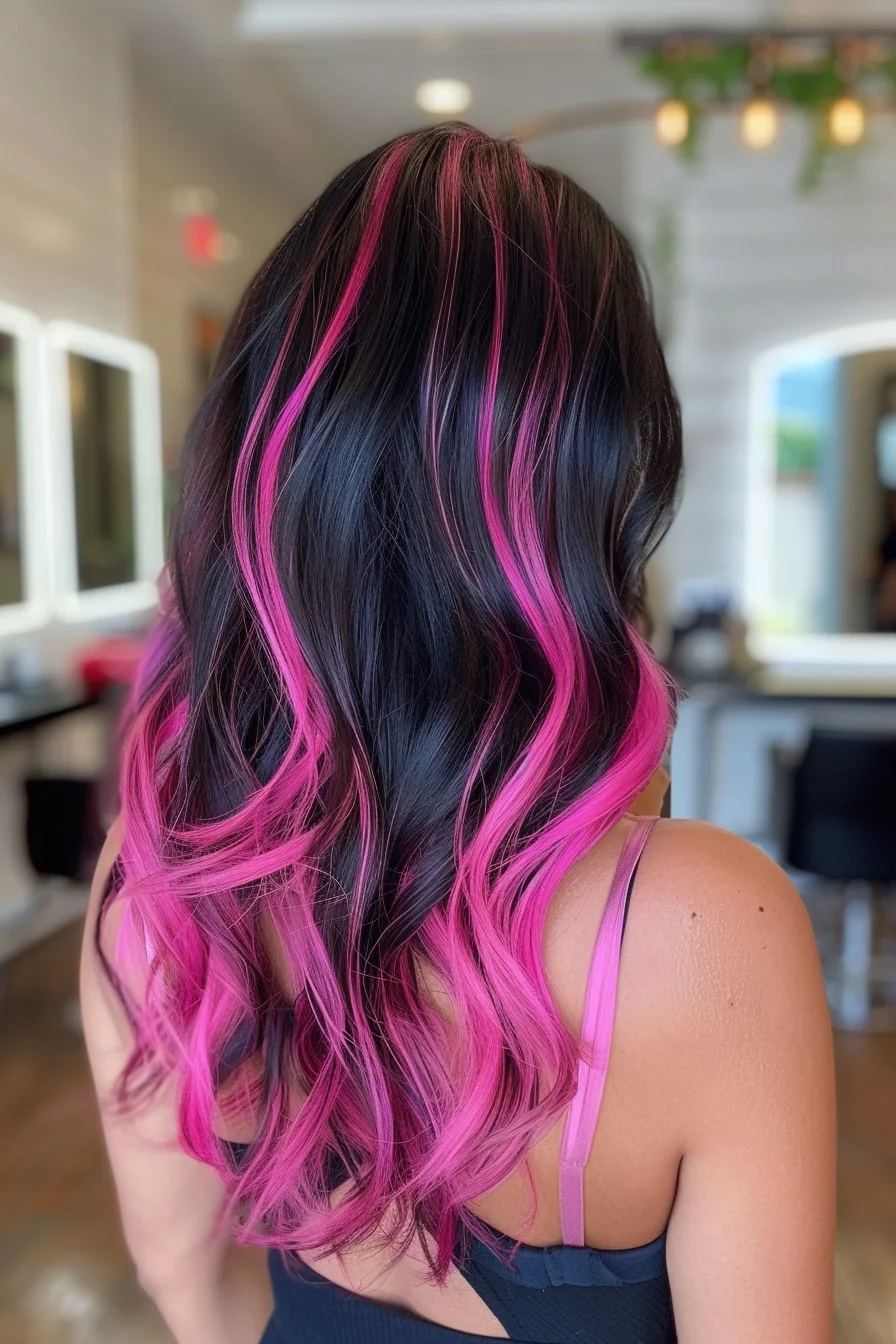 Medium-long hair features a bold combination of deep black and electric pink highlights distributed from roots to tips. Gentle waves emphasize how the pink pieces weave throughout, creating stunning dimension. Color intensity builds gradually, with pink becoming more prominent toward the bottom.