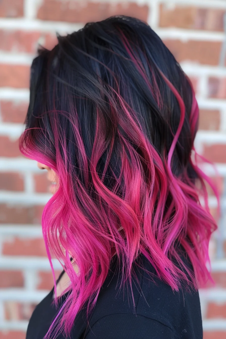 Shoulder-length hair displays an intense black to hot pink ombré effect. Pink sections start subtly at the crown and intensify dramatically through the lengths. Soft waves bring out the multi-dimensional color blend while showing off the sharp contrast between dark and bright shades.