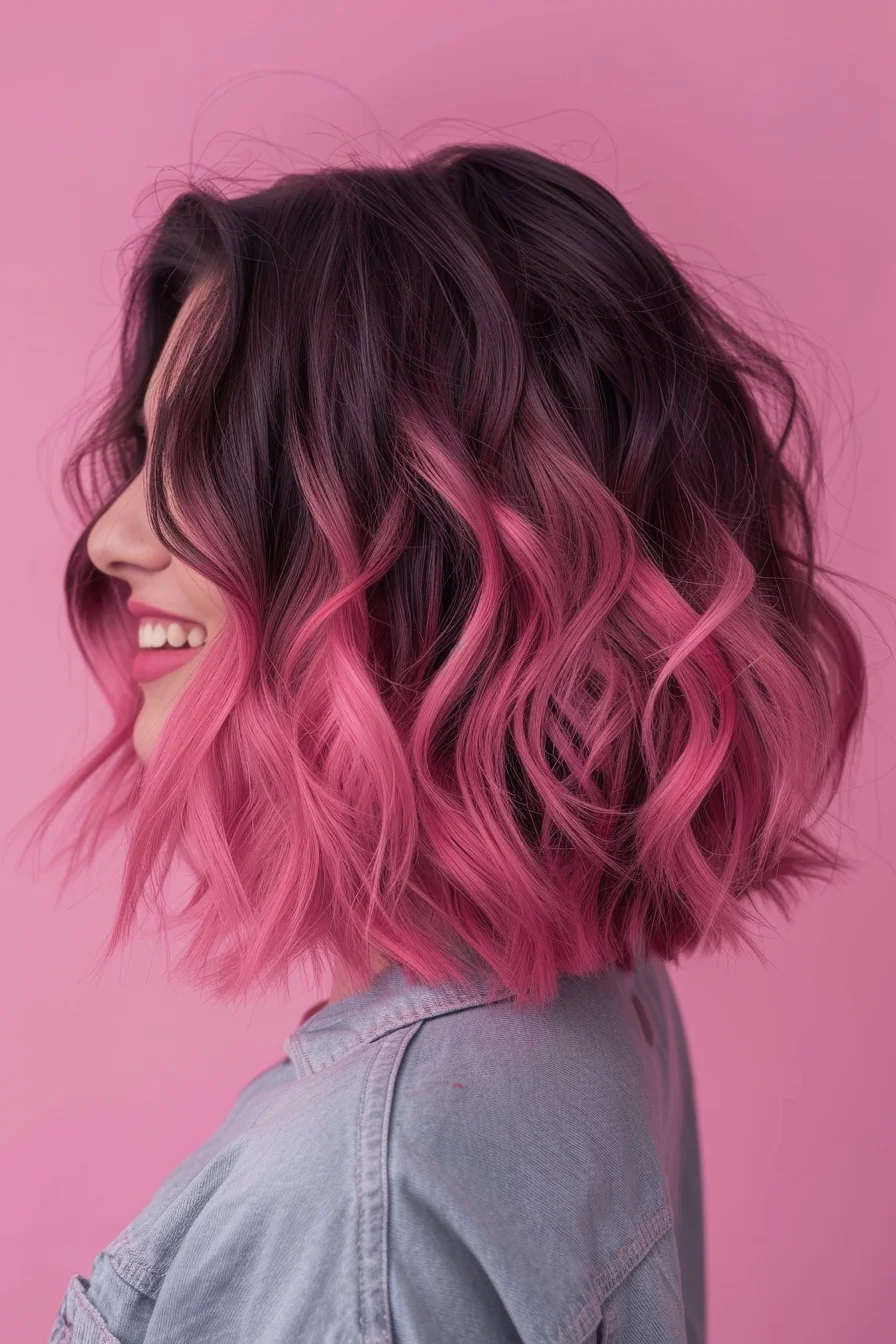 Modern shoulder-grazing cut combines dark roots with a rosy pink gradient. Waves add movement and show off how the pink brightens progressively from top to bottom. Length hits just past the shoulders, with textured ends enhancing the playful pink hues.