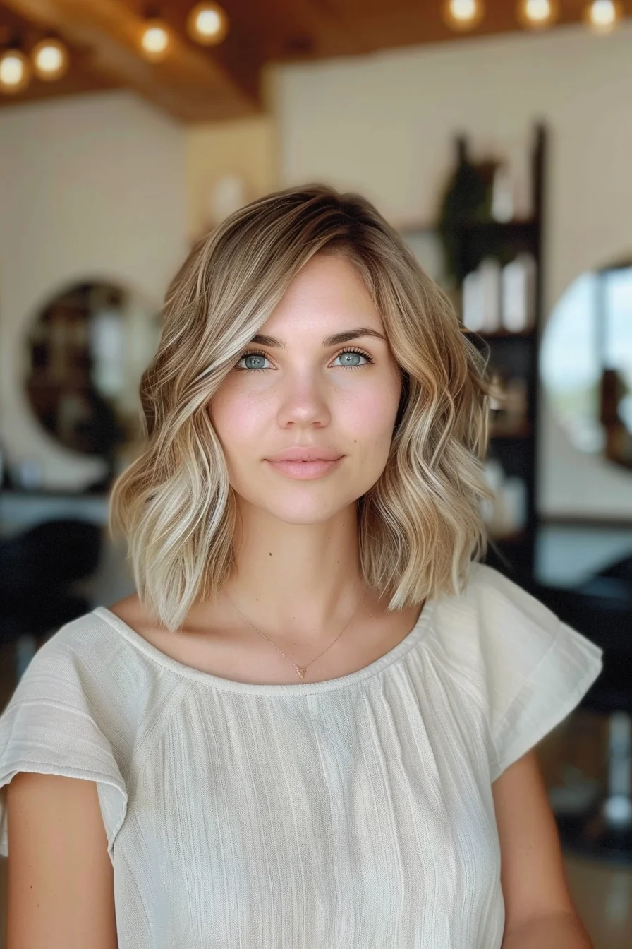 A beautiful medium-length cut featuring soft waves and dimensional blonde balayage creates movement throughout. Natural root color transitions seamlessly into bright blonde pieces, while textured layers add volume and body. Modern shaping around the face brings attention to light eyes, with longer pieces in front angled to complement facial features.