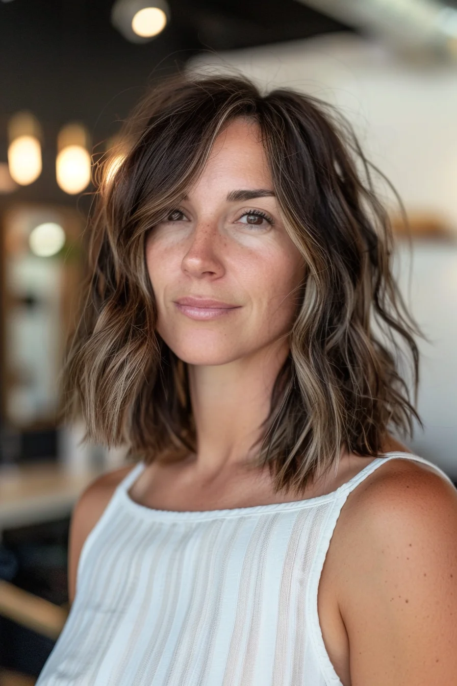 Rich brunette base color gets a gorgeous lift from carefully placed blonde highlights. Textured waves bring out the multiple tones while choppy layers add incredible movement. A center part allows the waves to frame both sides evenly, creating beautiful balance in this shoulder-skimming length.