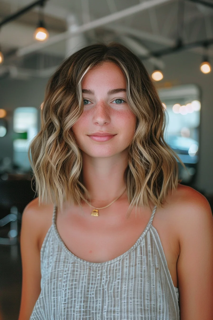 Sun-kissed waves brighten up this shoulder-length cut, featuring a blend of honey and warm blonde tones. Natural texture creates beautiful movement throughout while keeping volume balanced from roots to ends. Soft layers start at the cheekbones and continue downward, adding lightness around the face.