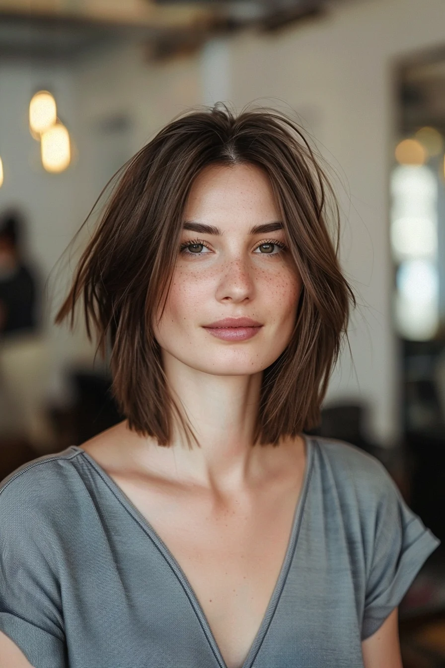 Straight and sleek medium-length brunette cut shows off its sharp, clean lines. Subtle layers add movement without removing weight, while the ends are cut with precision to create a modern edge. Side-swept pieces frame the face beautifully, complementing the overall shape.