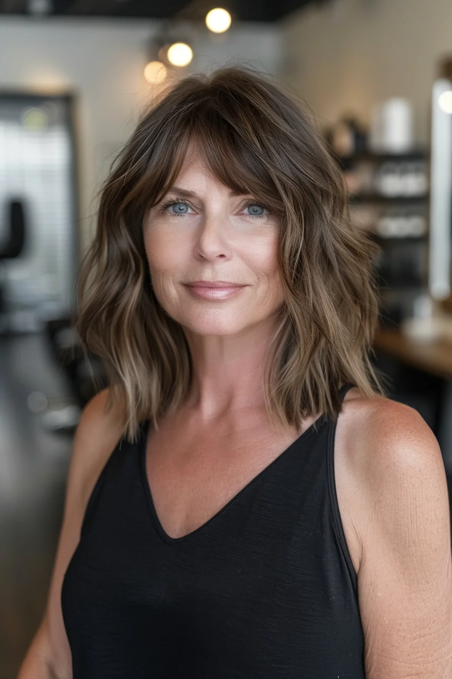 Shoulder-grazing cut incorporates feathered bangs and lived-in waves for a fresh look. Light brown base color gets dimensional highlights that blend naturally from roots to ends. Layers throughout create gorgeous texture and movement while keeping the overall shape balanced.