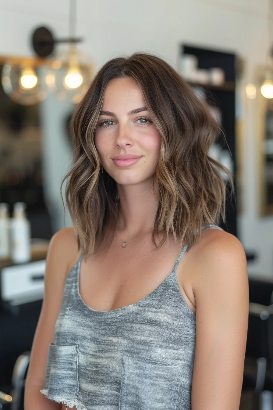 Modern take on a layered lob showcases rich brunette color with subtle lighter pieces woven throughout. Waves add beautiful texture while shorter layers around the crown create amazing volume. Wispy bangs sweep to the side effortlessly, blending into face-framing pieces.